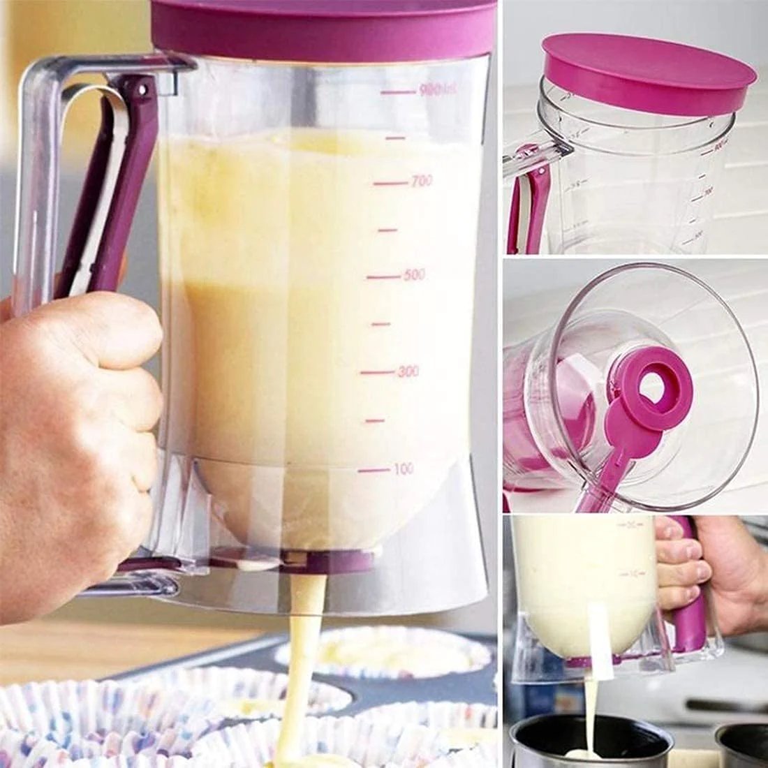 Dispenser de aluat pentru prajituri, Batter Dispenser, din plastic, maner cu arc, 900 ml, usor de manipulat si utilizat, Mov