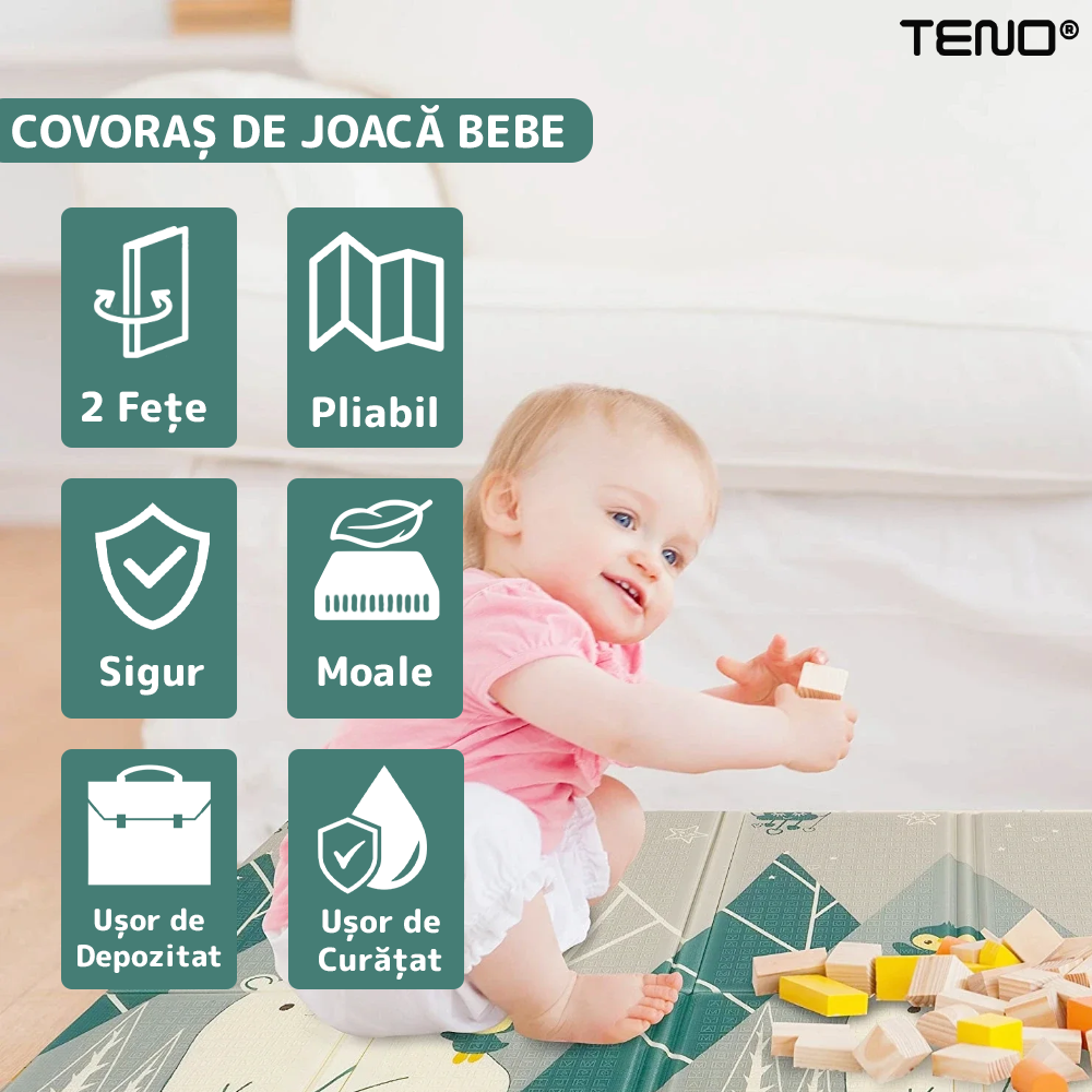 Covoras de Joaca pentru Copii, 2 fete, termic, anti-derapant, pliabil, protectie impotriva loviturilor, 200x180cm, grosime 1 cm
