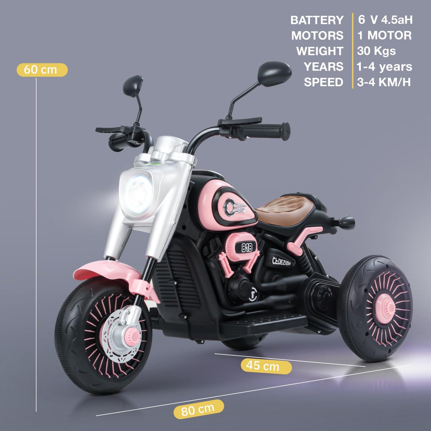 Tricicleta Electrica pentru Copii, Tricicleta DUAL-DRIVE 380*2 Baterie 6V 4.5, Bluetooth, Sistem Anti-Rasturnare, Sistem de Lumini si Sunet, 5+ Ani, 80 x 60 x 42 cm, Roz Negru