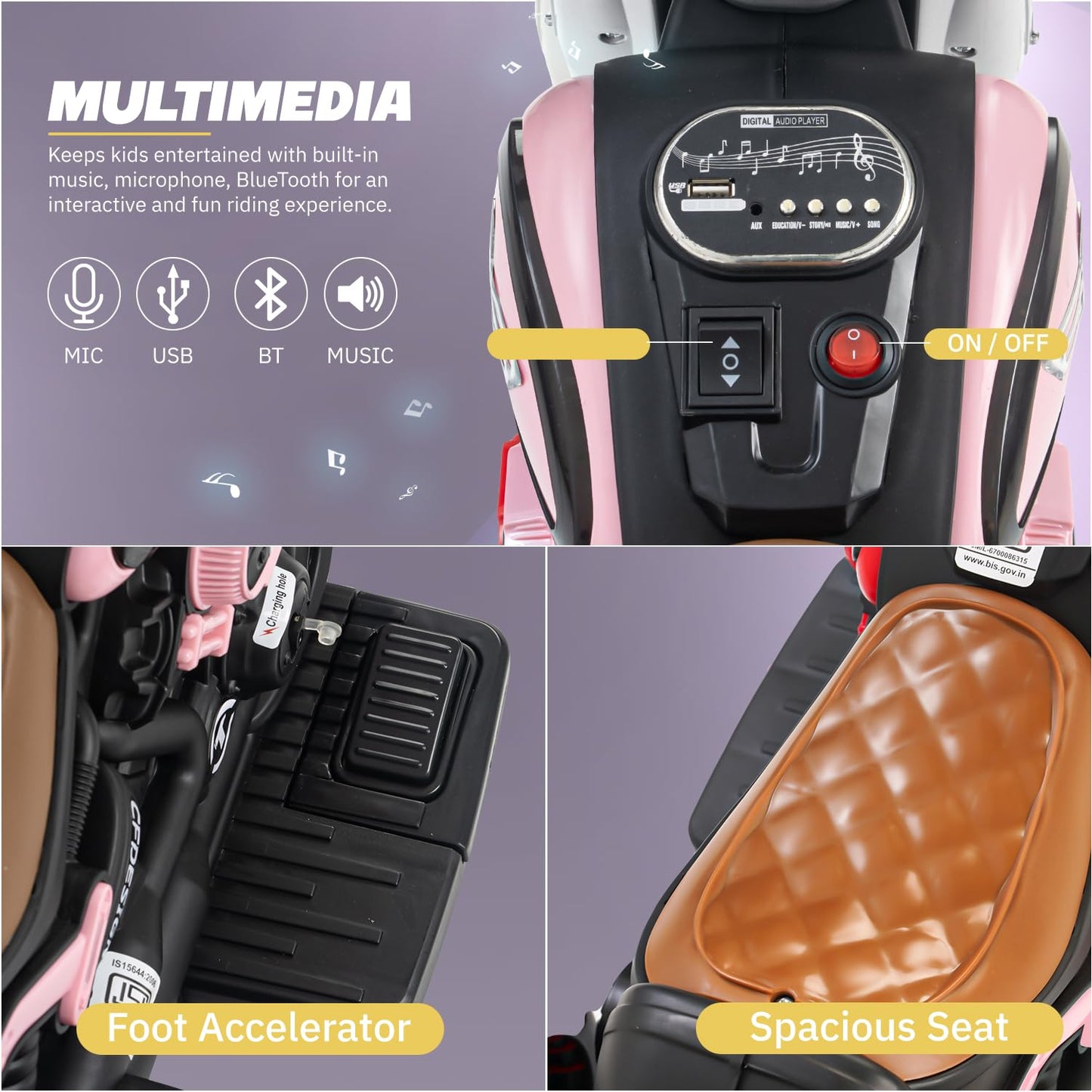 Tricicleta Electrica pentru Copii, Tricicleta DUAL-DRIVE 380*2 Baterie 6V 4.5, Bluetooth, Sistem Anti-Rasturnare, Sistem de Lumini si Sunet, 5+ Ani, 80 x 60 x 42 cm, Roz Negru