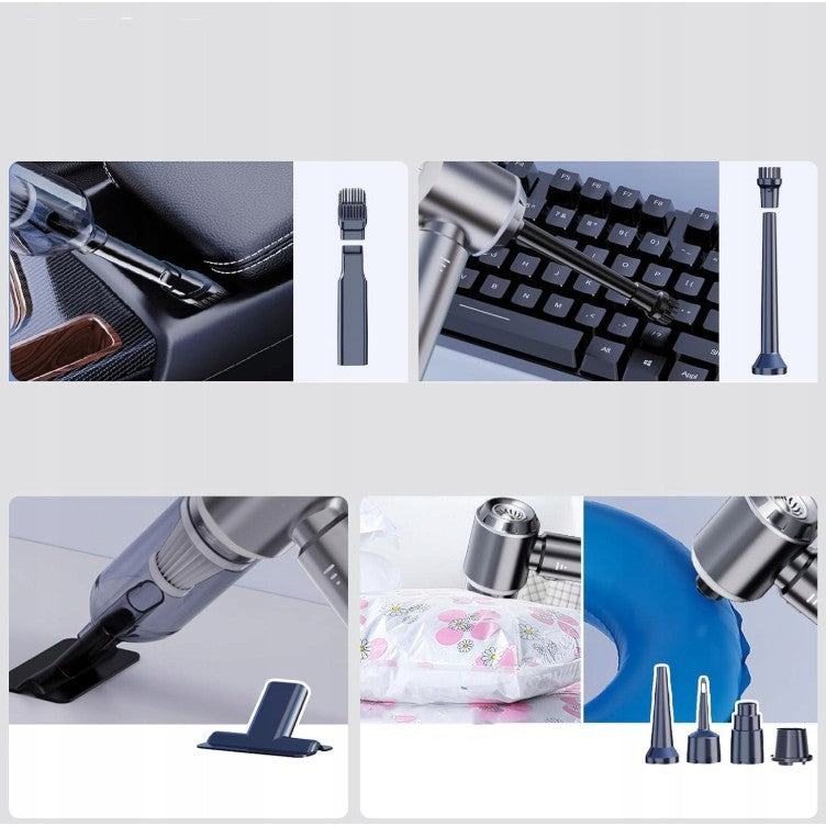 Aspirator Portabil Auto, pentru Casa si Masina, 3 Viteze, Incarcator Tip-C cu Incarcare Rapida, Tub Prelungitor, 2000mAh, 7 Capete de Aspirare si Suflare, 21x20x6.5 cm, Negr