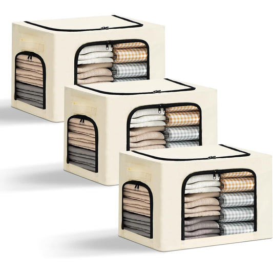 Cutie de Depozitare, selexmo, cu 3 Ferestre cu Fermoar Bidirectional, Cadru din Otel, Impermeabil, 38L, 42 x 30 x 30 cm, Bej