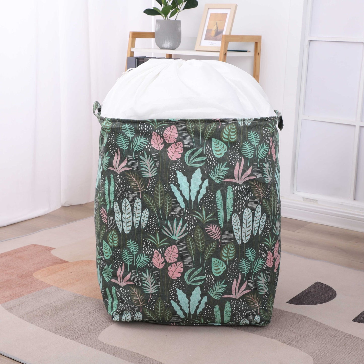 Cutie de Depozitare Pliabila, selexmo, Impermeabila, cu Snur, Capacitate 100 L, cu Manere, 50x50x40cm, Model Frunze, Verde