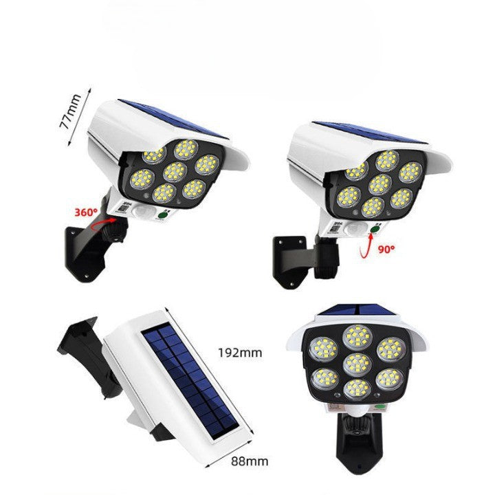 Camera falsa cu panou, Senzor de miscare si lumina,, 77 LED, IP65, rezistent la apa, telecomanda inclusa, 3 moduri de iluminare