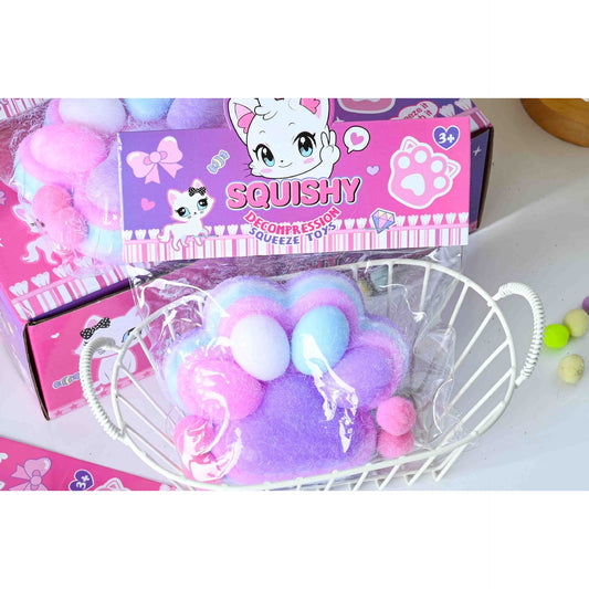 Jucarie Antistres Squishy, selexmo, cu Revenire Lenta, Model Labuta de Pisica Pufoasa, 220g, 12.5 x 10.5 cm Squeeze Pinch Family, Ambalaj Transparent, Mov