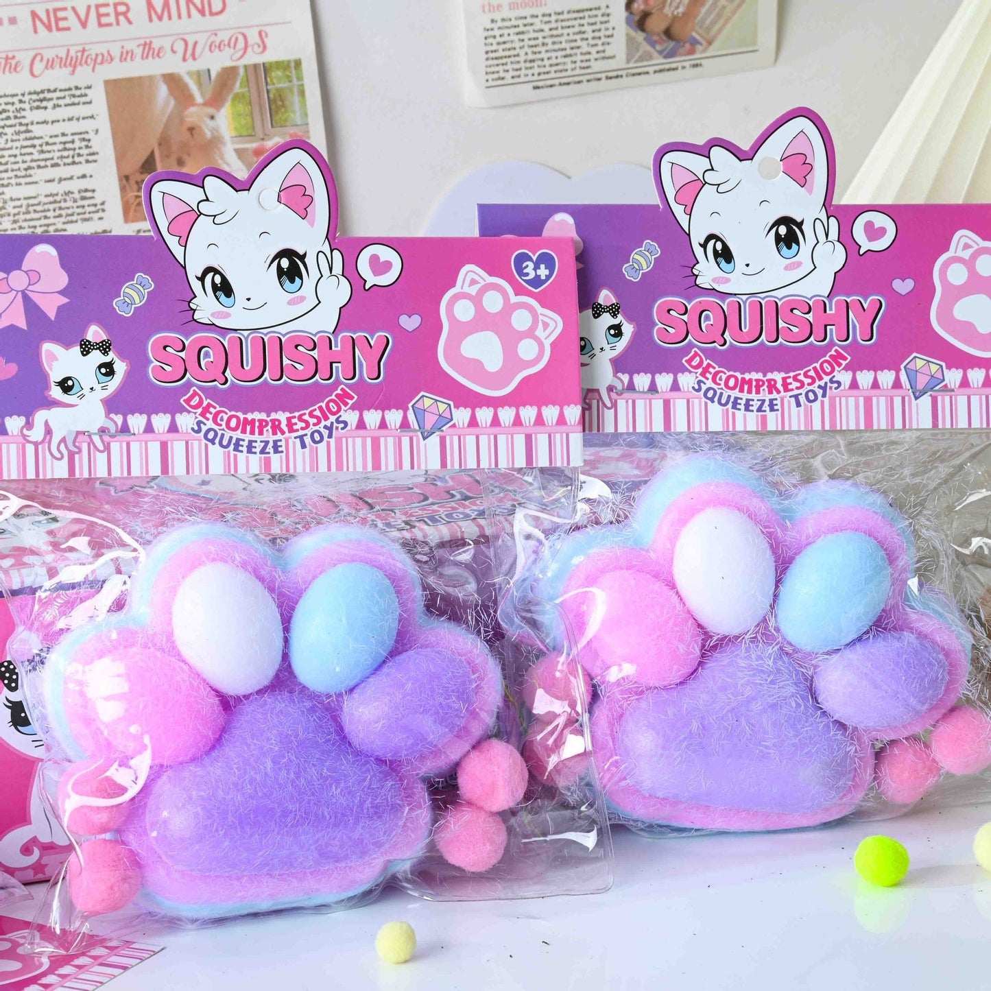 Jucarie Antistres Squishy, selexmo, cu Revenire Lenta, Model Labuta de Pisica Pufoasa, 220g, 12.5 x 10.5 cm Squeeze Pinch Family, Ambalaj Transparent, Mov