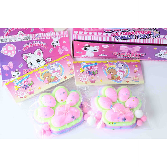 Jucarie Antistres Squishy, selexmo, cu Revenire Lenta, Model Labuta de Pisica YY1005, 220g, 12.5 x 10.5 cm, Squeeze Pinch Family, Ambalaj Transparent, Roz-Curcubeu