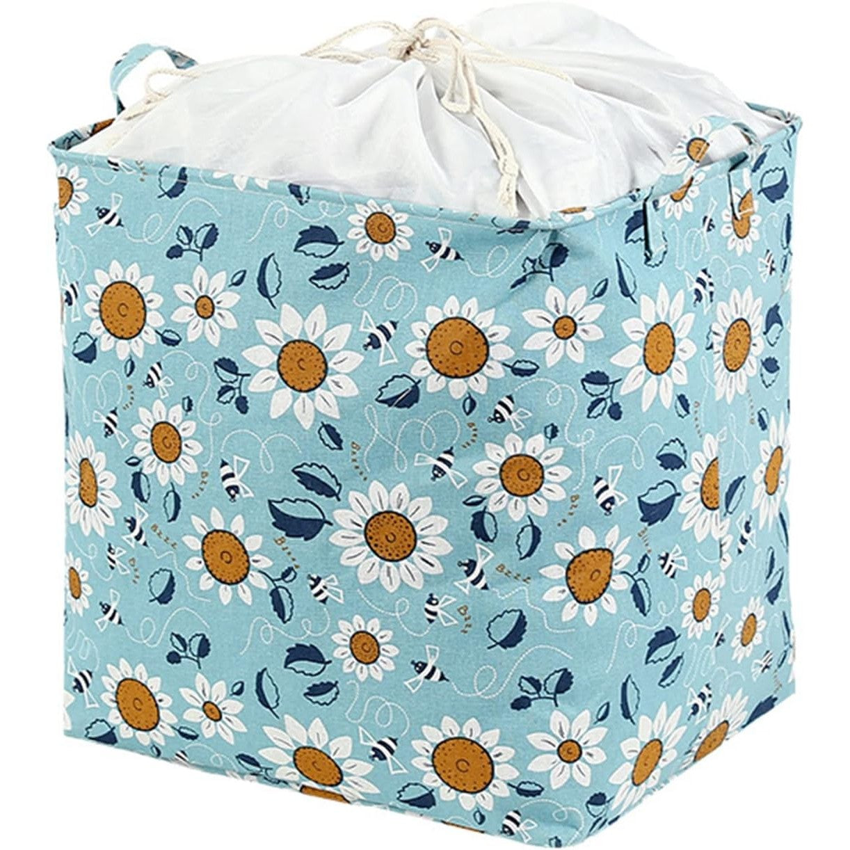 Cos depozitare, selexmo, Capac cu Snur, 175 L, Confectionat din Bumbac si un Strat Impermeabil, 50 x 50 x 70 cm, Albastru Deschis, Imprimeu Flori