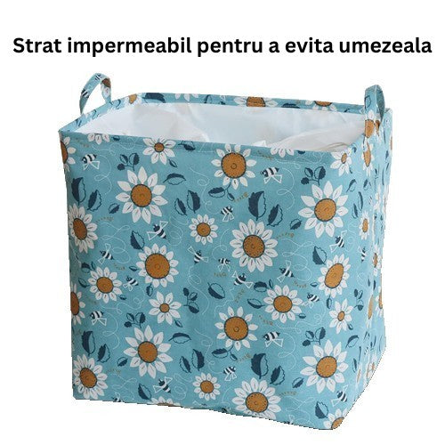 Cos depozitare, selexmo, Capac cu Snur, 175 L, Confectionat din Bumbac si un Strat Impermeabil, 50 x 50 x 70 cm, Albastru Deschis, Imprimeu Flori