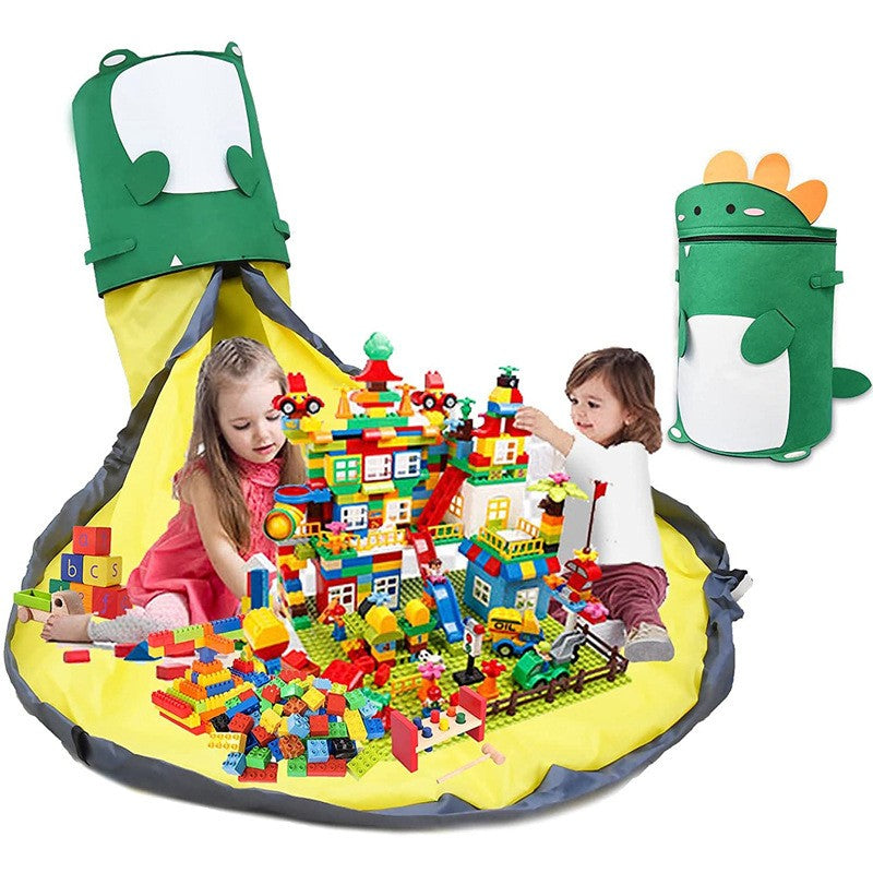 Cutie de Depozitare 2In1, selexmo, Impermeabila, Covor pentru Jucarii si Lego 150cm, Capacitate Mare, cu Manere, cu Sfori, Inaltime 40cm, Model Dinozaur, Verde