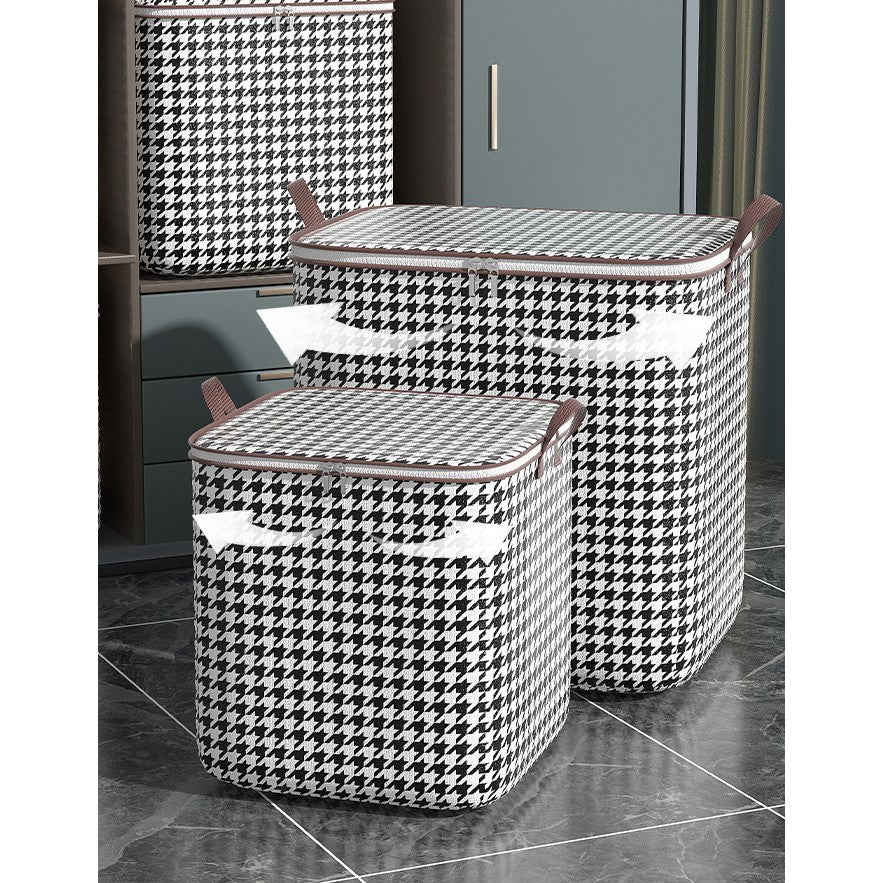 Cutie de Depozitare cu Fermoar, selexmo, Pliabila, Maner Ranforsat, Fermoar Rezistent, pentru Haine, Paturi, Plapumi, Perne, Lenjerii de Pat, Jucarii, 56x45x56 cm, 140 Litri, in Carouri, Alb-Negru