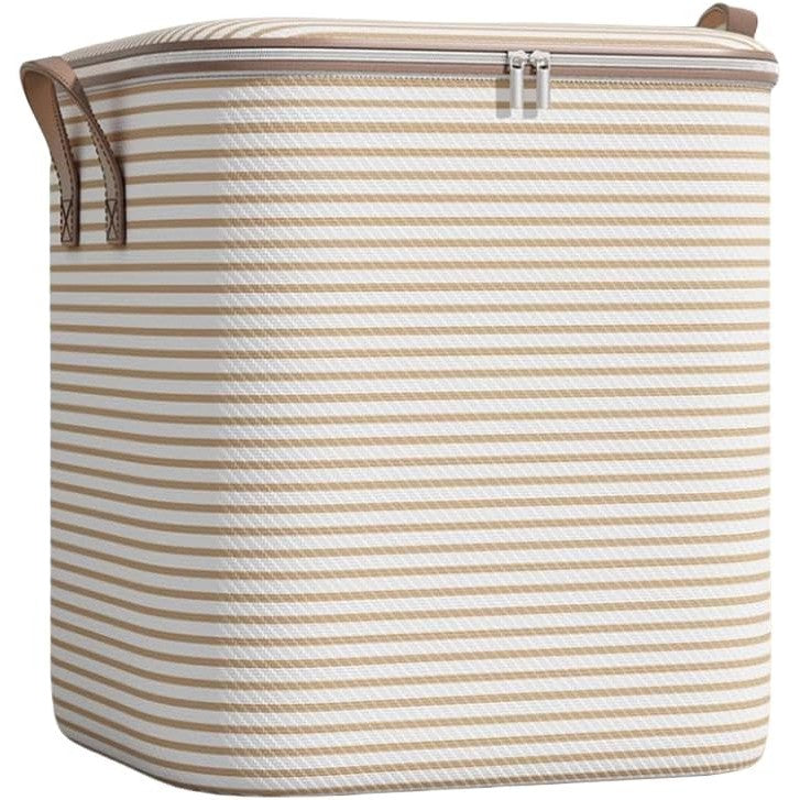 Cutie de Depozitare cu Fermoar, selexmo, Pliabila, Maner Ranforsat, Fermoar Rezistent, pentru Haine, Paturi, Plapume, Perne, Lenjerii de Pat, Jucarii, 56x45x56 cm, 150 Litri, in Dungi, Bej