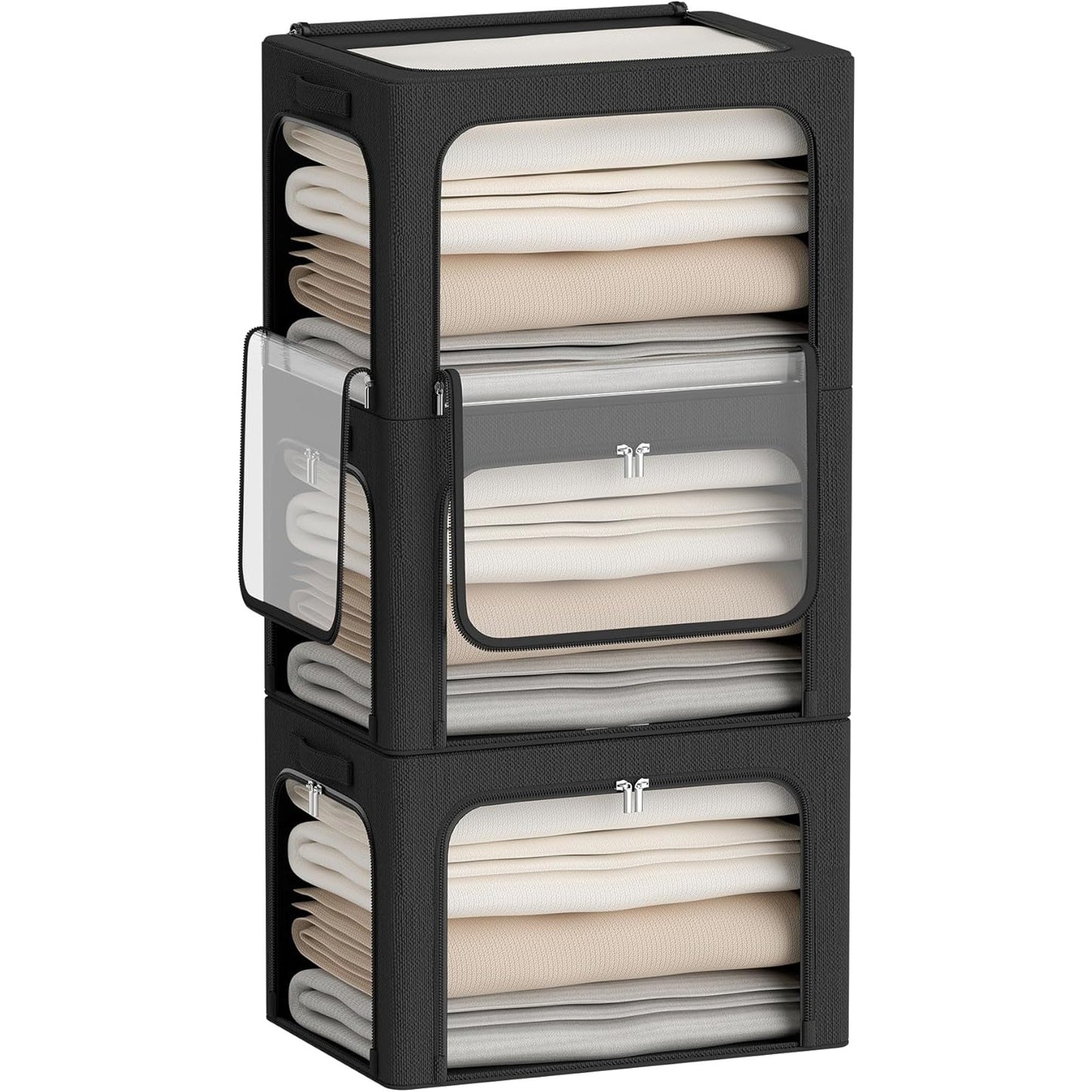 Cutie de Depozitare, selexmo, cu 3 Ferestre cu Fermoar Bidirectional, Cadru din Otel, Impermeabil, 38L, 42 x 30 x 30 cm, Negru