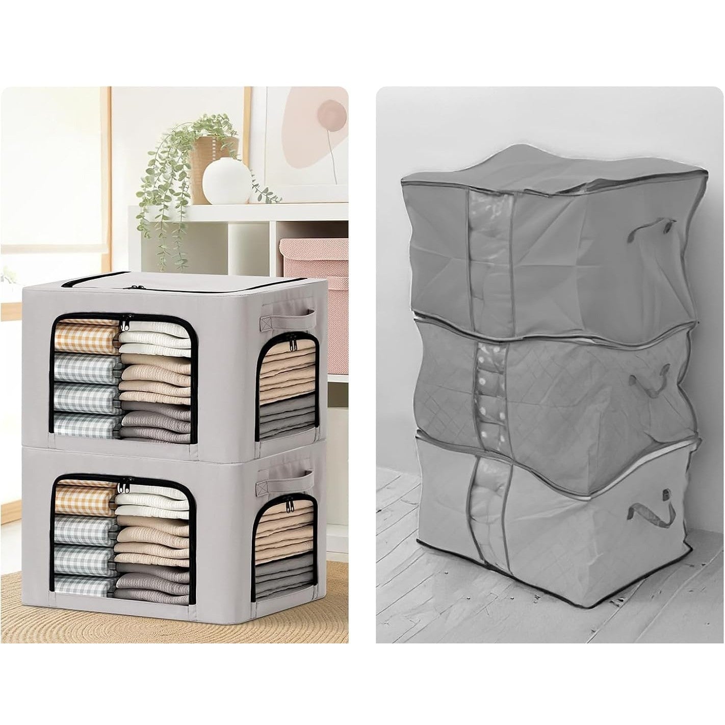 Cutie de Depozitare, selexmo, cu 3 Ferestre cu Fermoar Bidirectional, Cadru din Otel, Impermeabil, 38L, 42 x 30 x 30 cm, Gri