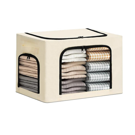 Cutie de Depozitare, selexmo, cu 3 Ferestre cu Fermoar Bidirectional, Cadru din Otel, Impermeabil, 38L, 42 x 30 x 30 cm, Bej