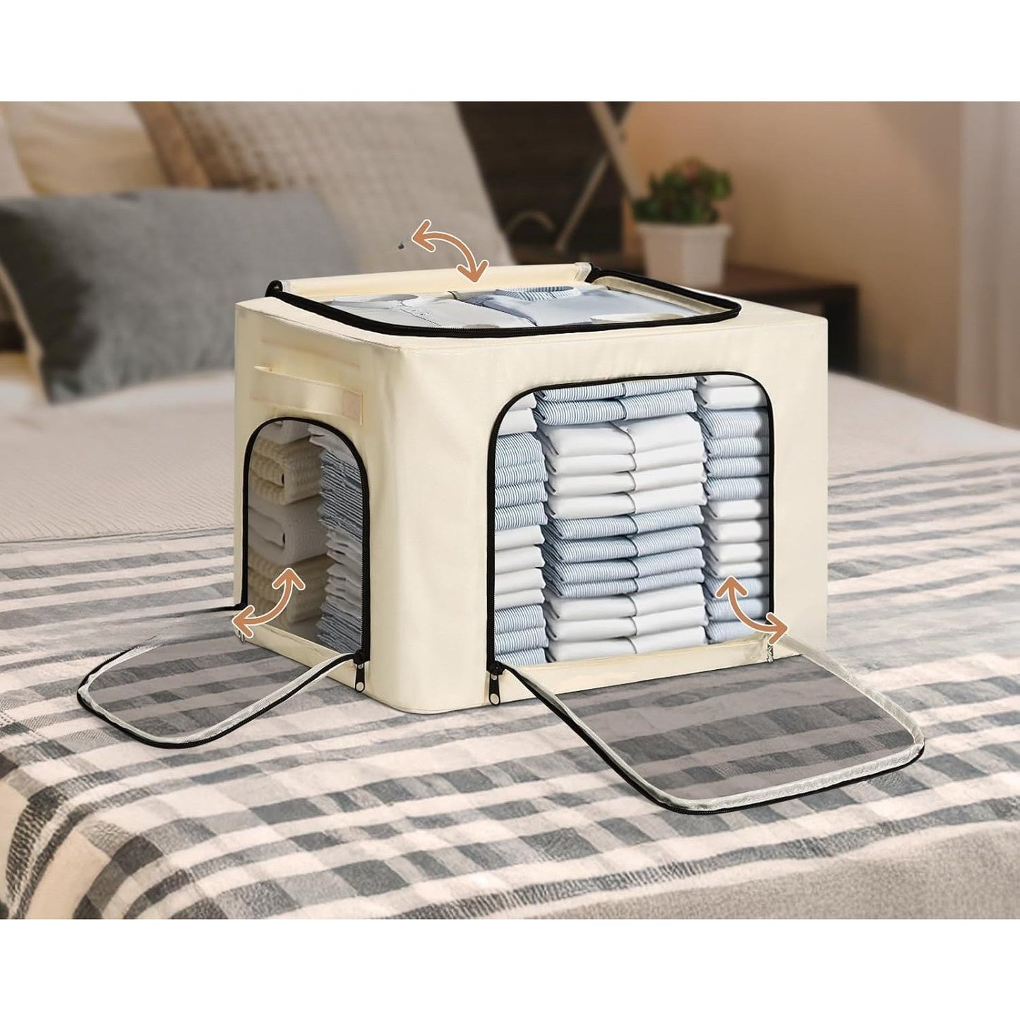 Cutie de Depozitare, selexmo, cu 3 Ferestre cu Fermoar Bidirectional, Cadru din Otel, Impermeabil, 38L, 42 x 30 x 30 cm, Bej