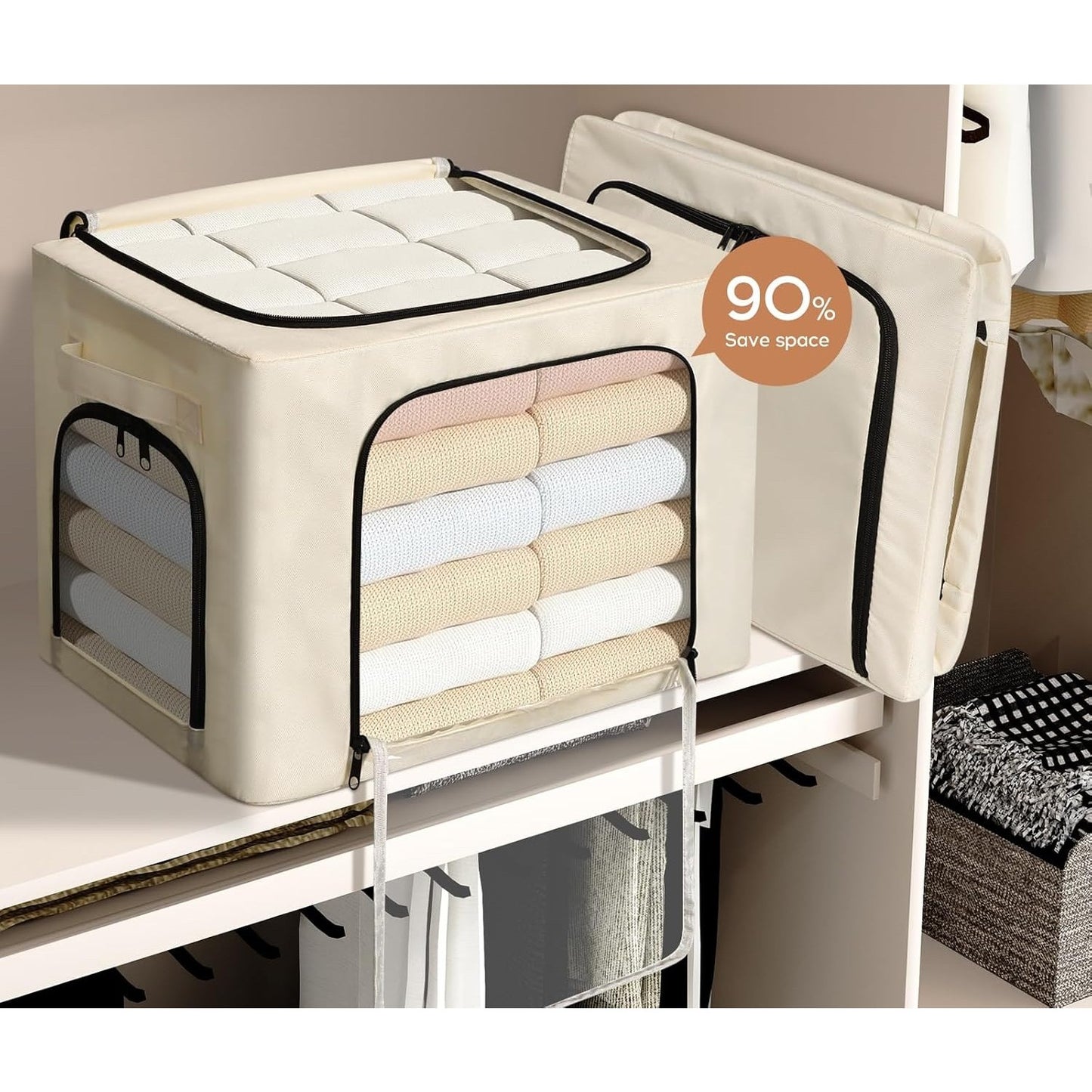 Cutie de Depozitare, selexmo, cu 3 Ferestre cu Fermoar Bidirectional, Cadru din Otel, Impermeabil, 38L, 42 x 30 x 30 cm, Bej