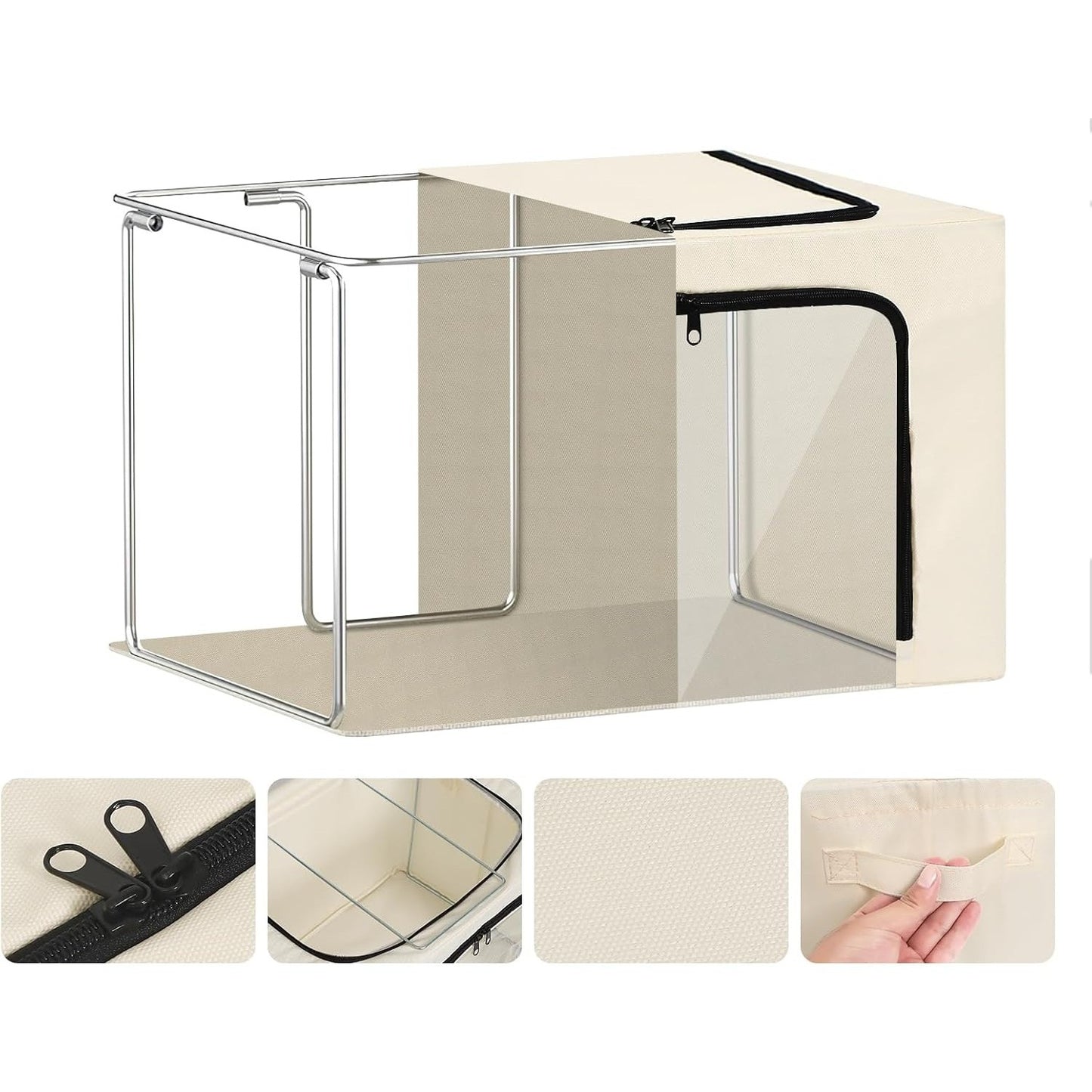 Cutie de Depozitare, selexmo, cu 3 Ferestre cu Fermoar Bidirectional, Cadru din Otel, Impermeabil, 38L, 42 x 30 x 30 cm, Bej