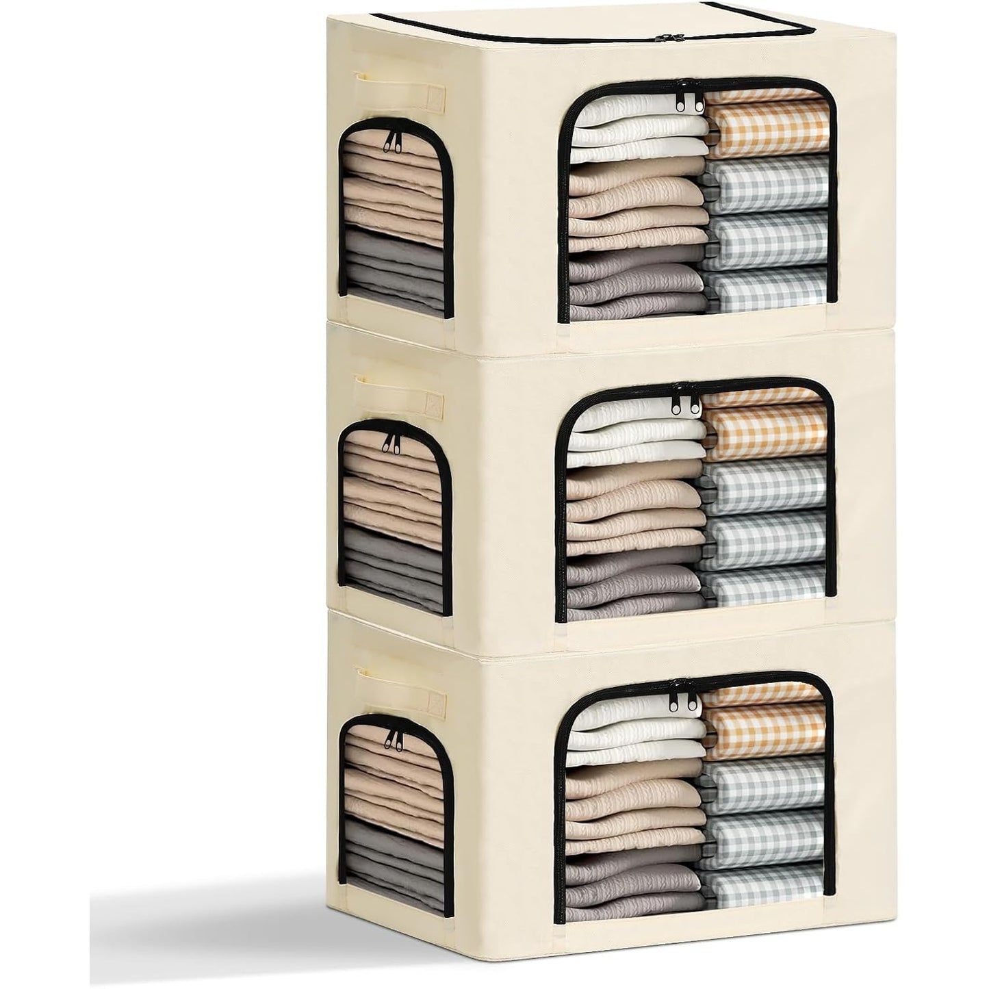 Cutie de Depozitare, selexmo, cu 3 Ferestre cu Fermoar Bidirectional, Cadru din Otel, Impermeabil, 38L, 42 x 30 x 30 cm, Bej