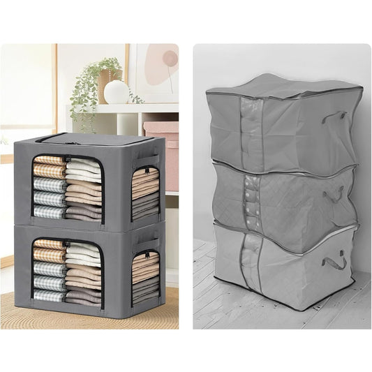 Cutie de Depozitare, selexmo, cu 3 Ferestre cu Fermoar Bidirectional, Cadru din Otel, Impermeabil, 38L, 42 x 30 x 30 cm, Gri Inchis