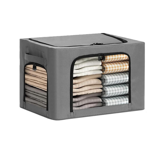 Cutie de Depozitare, selexmo, cu 3 Ferestre cu Fermoar Bidirectional, Cadru din Otel, Impermeabil, 38L, 42 x 30 x 30 cm, Gri Inchis