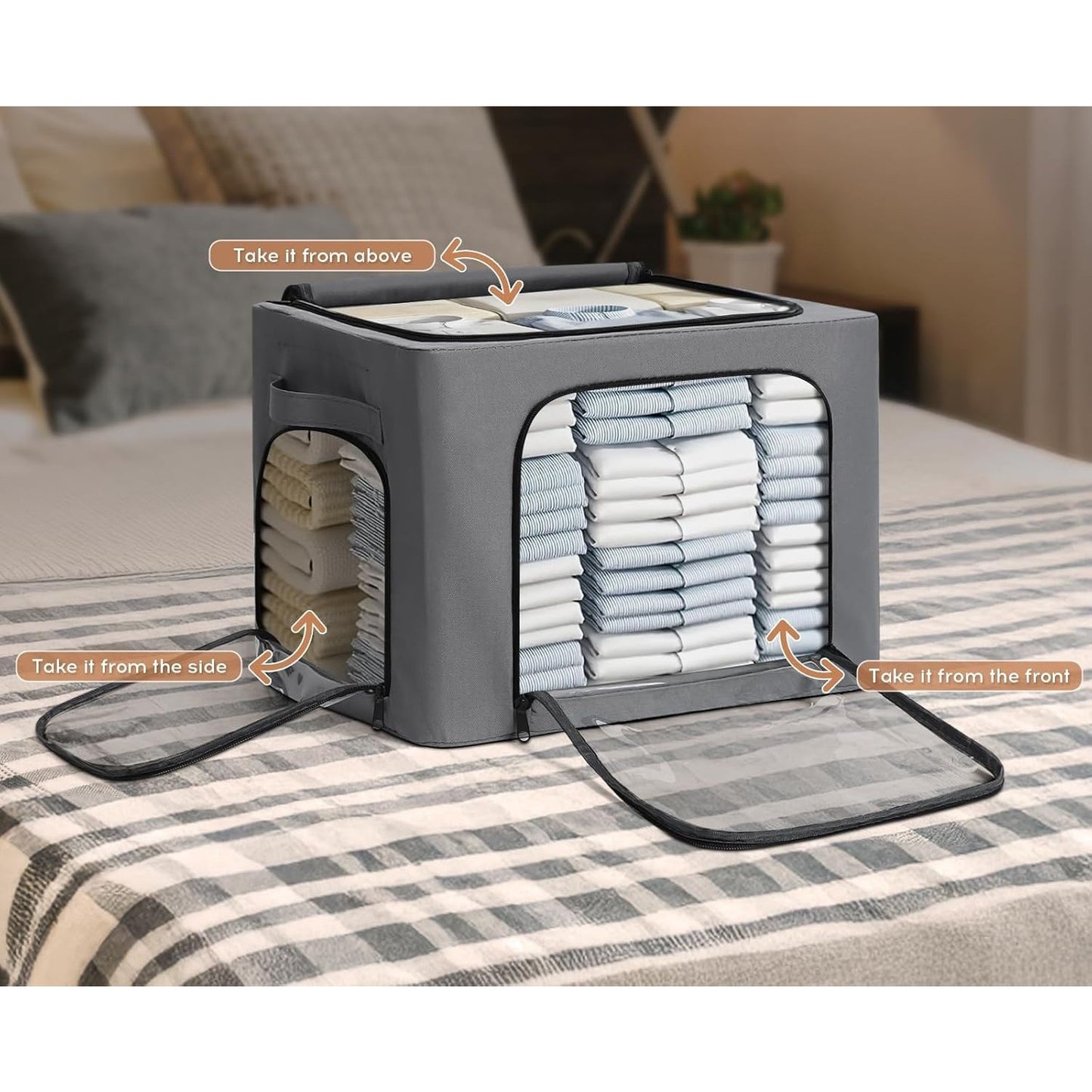 Cutie de Depozitare, selexmo, cu 3 Ferestre cu Fermoar Bidirectional, Cadru din Otel, Impermeabil, 38L, 42 x 30 x 30 cm, Gri Inchis