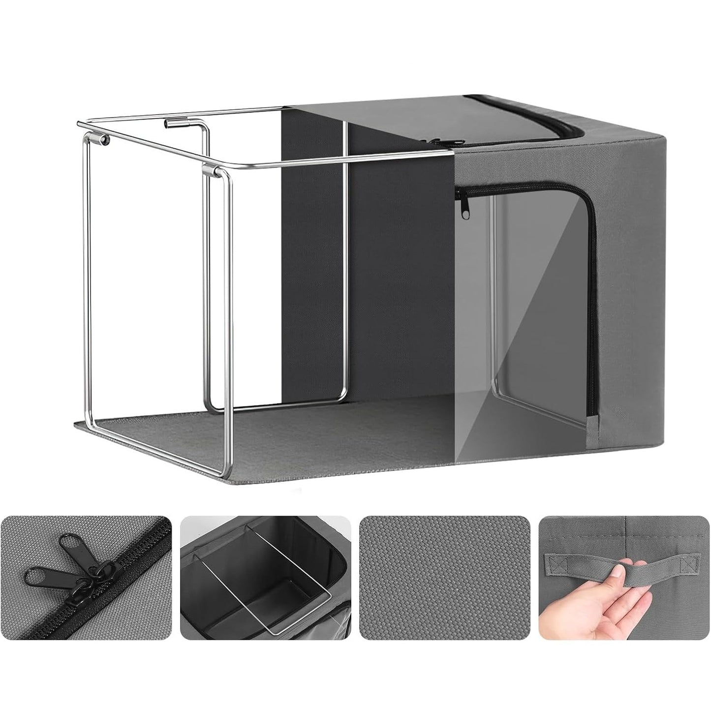 Cutie de Depozitare, selexmo, cu 3 Ferestre cu Fermoar Bidirectional, Cadru din Otel, Impermeabil, 38L, 42 x 30 x 30 cm, Gri Inchis