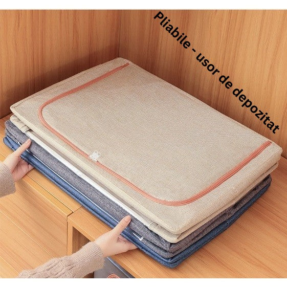 Cutie de Depozitare Pliabila, selexmo, 100 L, din Bumbac si In, 60x42x40 cm, 2 Ferestre, Frontala si Laterala, 2 Usi de Acces cu Fermoar Bidirectional, Cadru Metalic, Suport Baza Stabil din Plastic, Bleu