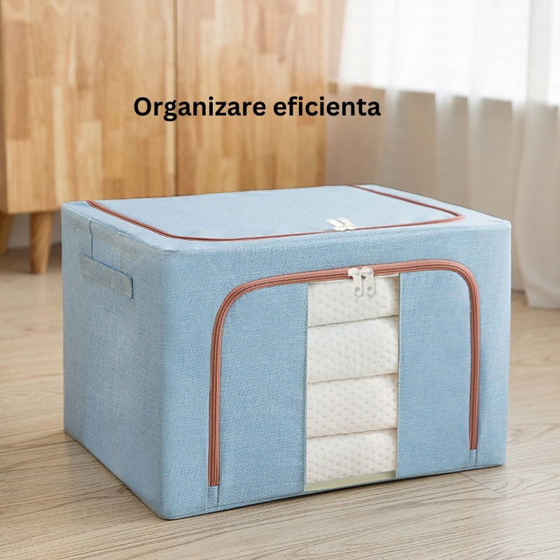 Cutie de Depozitare Pliabila, selexmo, 100 L, din Bumbac si In, 60x42x40 cm, 2 Ferestre, Frontala si Laterala, 2 Usi de Acces cu Fermoar Bidirectional, Cadru Metalic, Suport Baza Stabil din Plastic, Bleu
