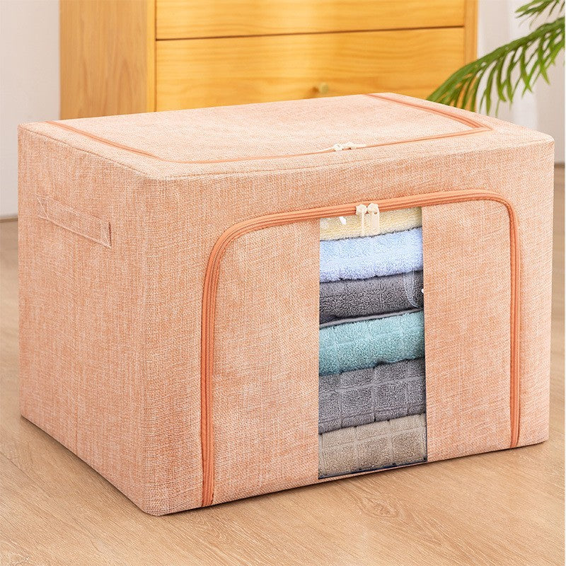 Cutie de Depozitare Pliabila, selexmo, 100 L, din Bumbac si In, 60x42x40 cm, Fereastra Frontala, 2 Usi de Acces cu Fermoar Bidirectional, Cadru Metalic, Suport Baza Stabil din Plastic, Roz Pudrat