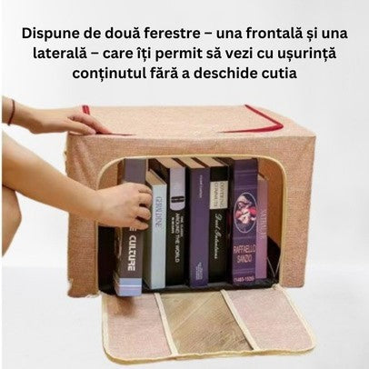Cutie de Depozitare Pliabila, selexmo, 100 L, din Bumbac si In, 60x42x40 cm, Fereastra Frontala, 2 Usi de Acces cu Fermoar Bidirectional, Cadru Metalic, Suport Baza Stabil din Plastic, Roz Pudrat