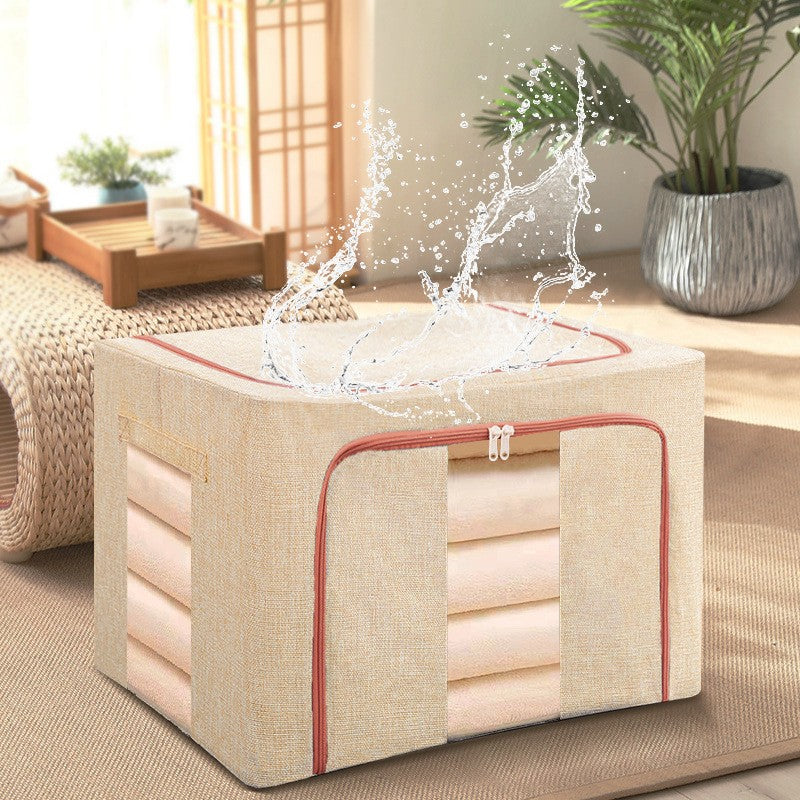 Cutie de Depozitare Pliabila, selexmo, 24 L, din Bumbac si In, 40x30x20 cm, 2 Ferestre, Frontala si Laterala, 2 Usi de Acces cu Fermoar Bidirectional, Cadru Metalic, Suport Baza Stabil din Plastic, Bej