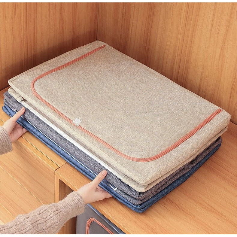 Cutie de Depozitare Pliabila, selexmo, 24 L, din Bumbac si In, 40x30x20 cm, 2 Ferestre, Frontala si Laterala, 2 Usi de Acces cu Fermoar Bidirectional, Cadru Metalic, Suport Baza Stabil din Plastic, Bej