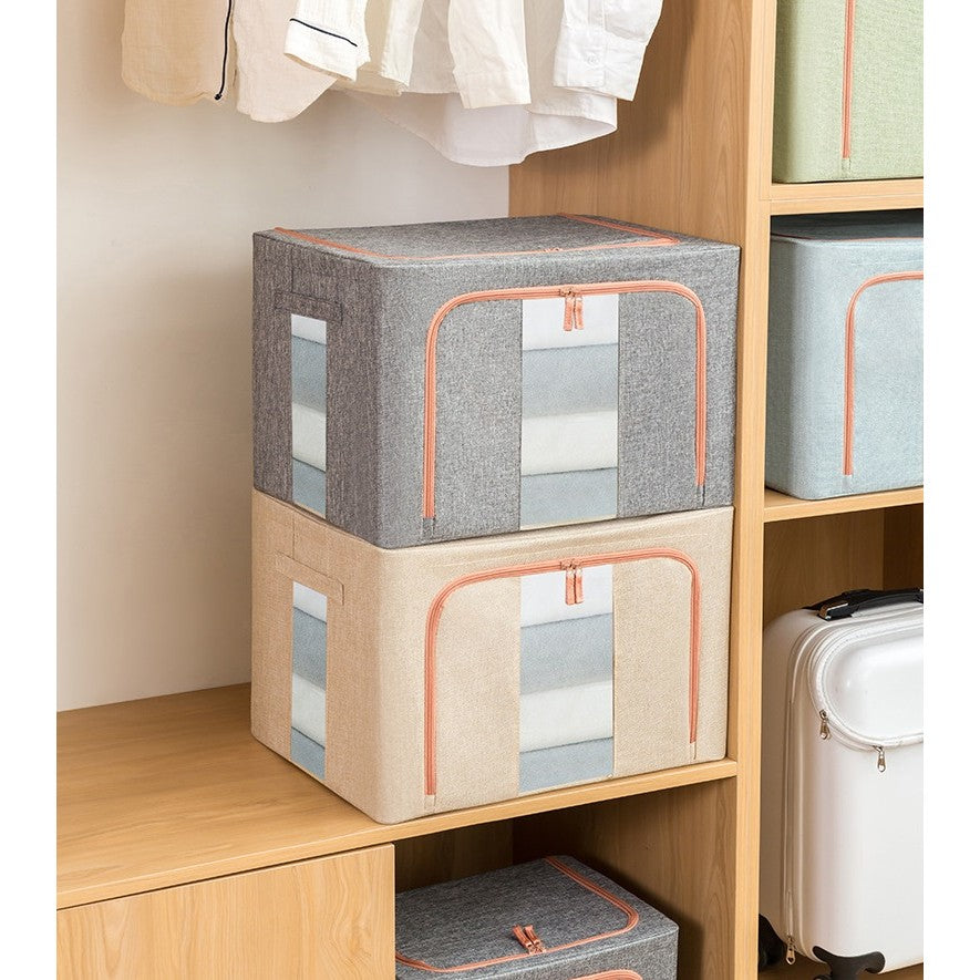 Cutie de Depozitare Pliabila, selexmo, 24 L, din Bumbac si In, 40x30x20 cm, 2 Ferestre, Frontala si Laterala, 2 Usi de Acces cu Fermoar Bidirectional, Cadru Metalic, Suport Baza Stabil din Plastic, Bej