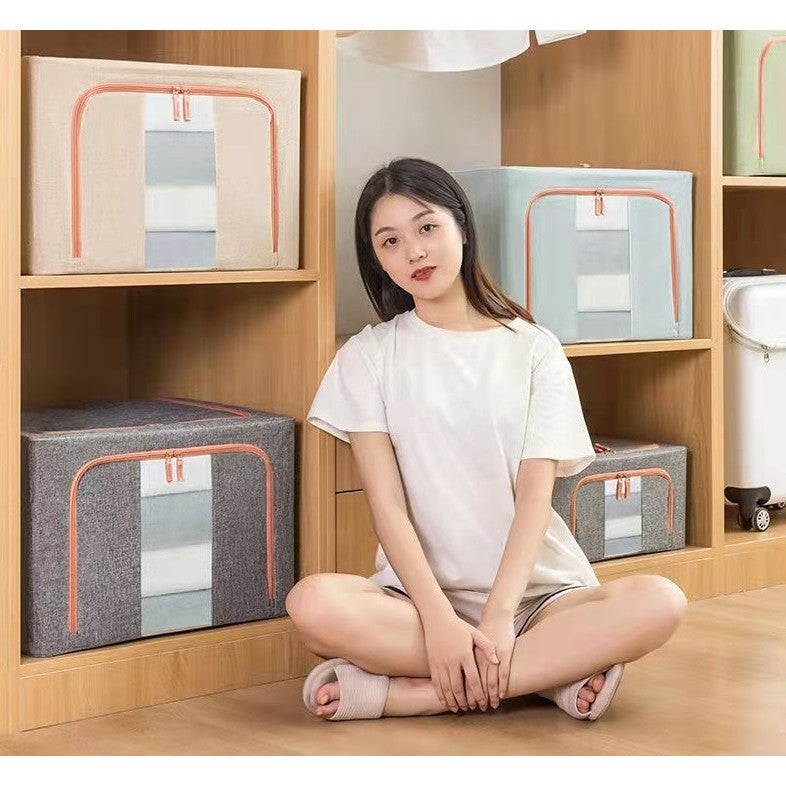 Cutie de Depozitare Pliabila, selexmo, 24 L, din Bumbac si In, 40x30x20 cm, Fereastra Frontala, 2 Usi de Acces cu Fermoar Bidirectional, Cadru Metalic, Suport Baza Stabil din Plastic, Gri