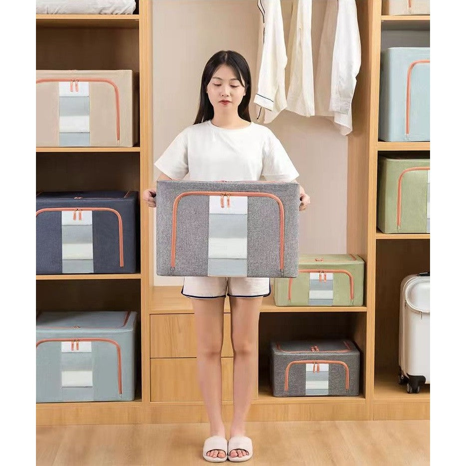 Cutie de Depozitare Pliabila, selexmo, 24 L, din Bumbac si In, 40x30x20 cm, Fereastra Frontala, 2 Usi de Acces cu Fermoar Bidirectional, Cadru Metalic, Suport Baza Stabil din Plastic, Gri