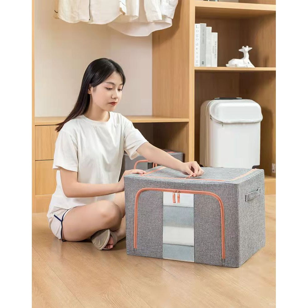 Cutie de Depozitare Pliabila, selexmo, 24 L, din Bumbac si In, 40x30x20 cm, Fereastra Frontala, 2 Usi de Acces cu Fermoar Bidirectional, Cadru Metalic, Suport Baza Stabil din Plastic, Gri