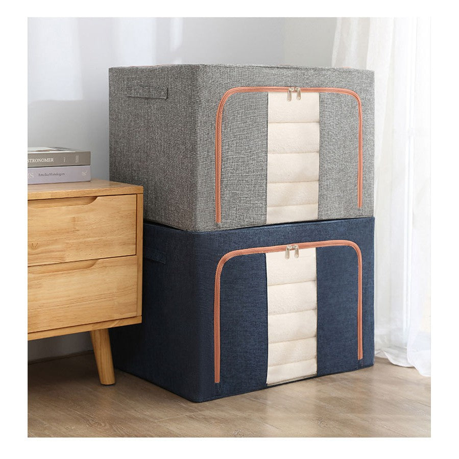 Cutie de Depozitare Pliabila, selexmo, 24 L, din Bumbac si In, 40x30x20 cm, Fereastra Frontala, 2 Usi de Acces cu Fermoar Bidirectional, Cadru Metalic, Suport Baza Stabil din Plastic, Gri