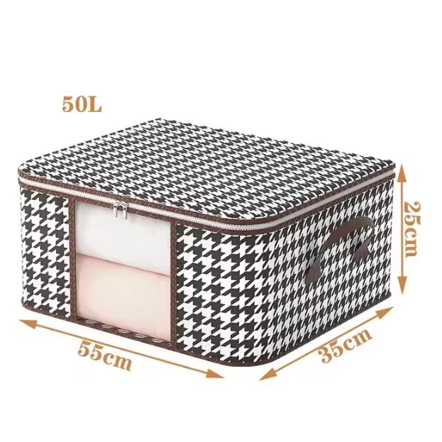 Cutie de Depozitare Pliabila, selexmo, 55x35x25 cm, 50 L, Fereastra Frontala, cu Fermoar Bidirectional, Suport Baza Stabil, Imprimeu in Carouri, Alb/Negru