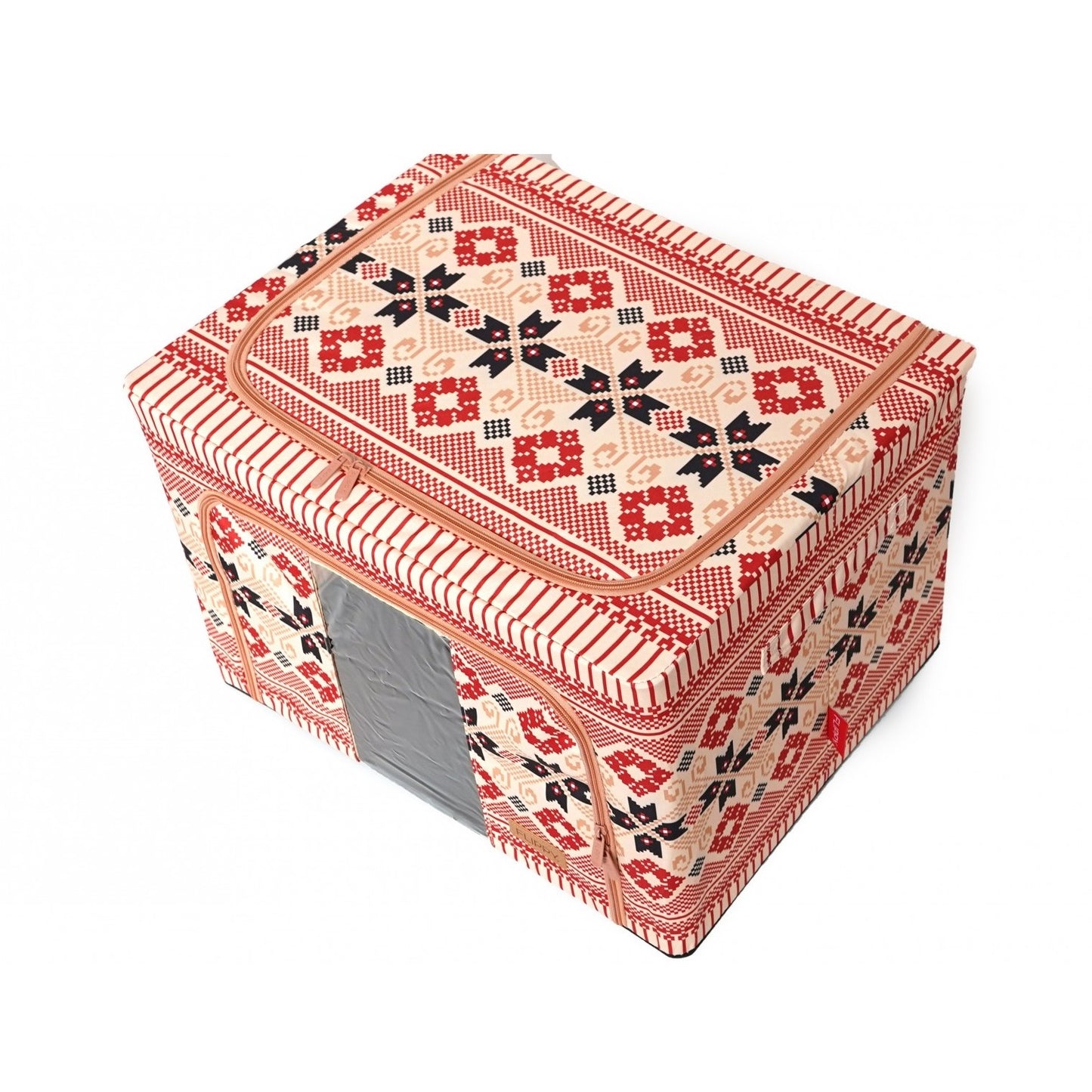 Cutie de Depozitare Pliabila, selexmo, 66 L din Bumbac si In, 52 x 42 x 39 cm, Fereastra Frontala, 2 Usi de Acces cu Fermoar Bidirectional, Cadru Metalic, Suport Baza Stabil din Plastic, Motiv Traditional Model 5