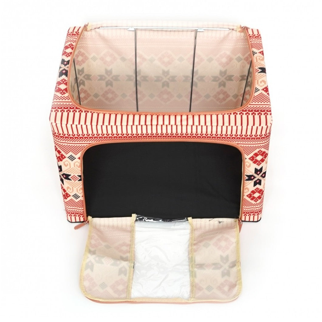 Cutie de Depozitare Pliabila, selexmo, 66 L din Bumbac si In, 52 x 42 x 39 cm, Fereastra Frontala, 2 Usi de Acces cu Fermoar Bidirectional, Cadru Metalic, Suport Baza Stabil din Plastic, Motiv Traditional Model 5