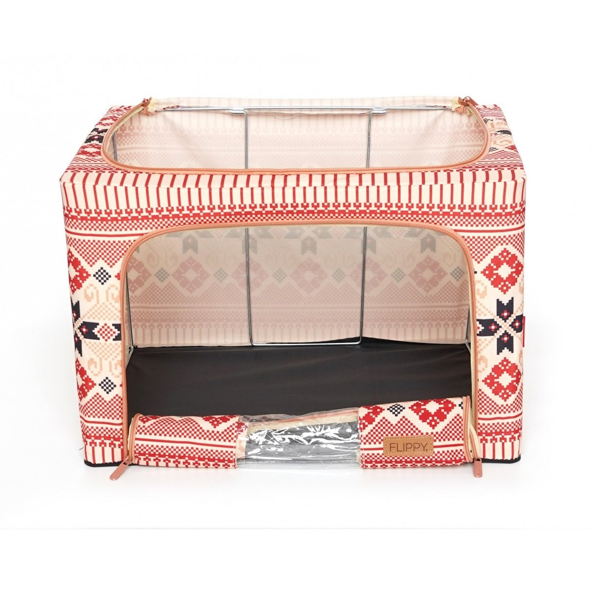 Cutie de Depozitare Pliabila, selexmo, 66 L din Bumbac si In, 52 x 42 x 39 cm, Fereastra Frontala, 2 Usi de Acces cu Fermoar Bidirectional, Cadru Metalic, Suport Baza Stabil din Plastic, Motiv Traditional Model 5