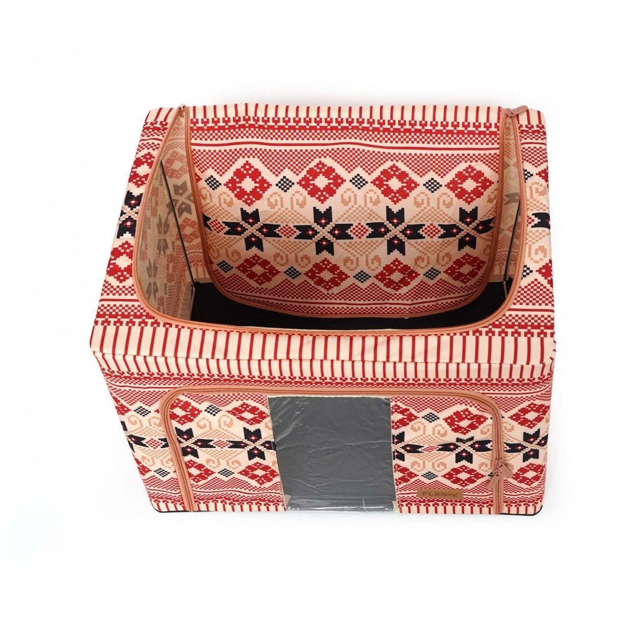 Cutie de Depozitare Pliabila, selexmo, 66 L din Bumbac si In, 52 x 42 x 39 cm, Fereastra Frontala, 2 Usi de Acces cu Fermoar Bidirectional, Cadru Metalic, Suport Baza Stabil din Plastic, Motiv Traditional Model 5