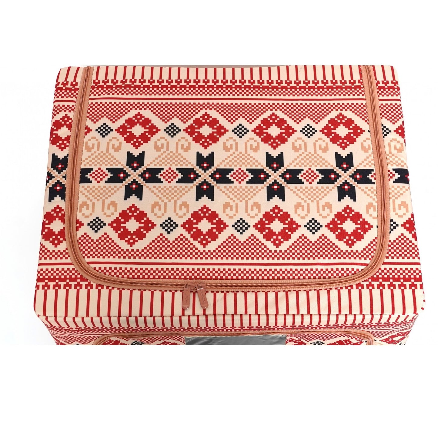 Cutie de Depozitare Pliabila, selexmo, 66 L din Bumbac si In, 52 x 42 x 39 cm, Fereastra Frontala, 2 Usi de Acces cu Fermoar Bidirectional, Cadru Metalic, Suport Baza Stabil din Plastic, Motiv Traditional Model 5