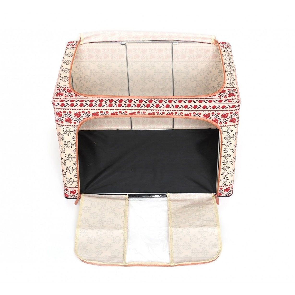Cutie de Depozitare Pliabila, selexmo, 66 L din Bumbac si In, 52 x 42 x 39 cm, Fereastra Frontala, 2 Usi de Acces cu Fermoar Bidirectional, Cadru Metalic, Suport Baza Stabil din Plastic, Motiv Traditional Model 6