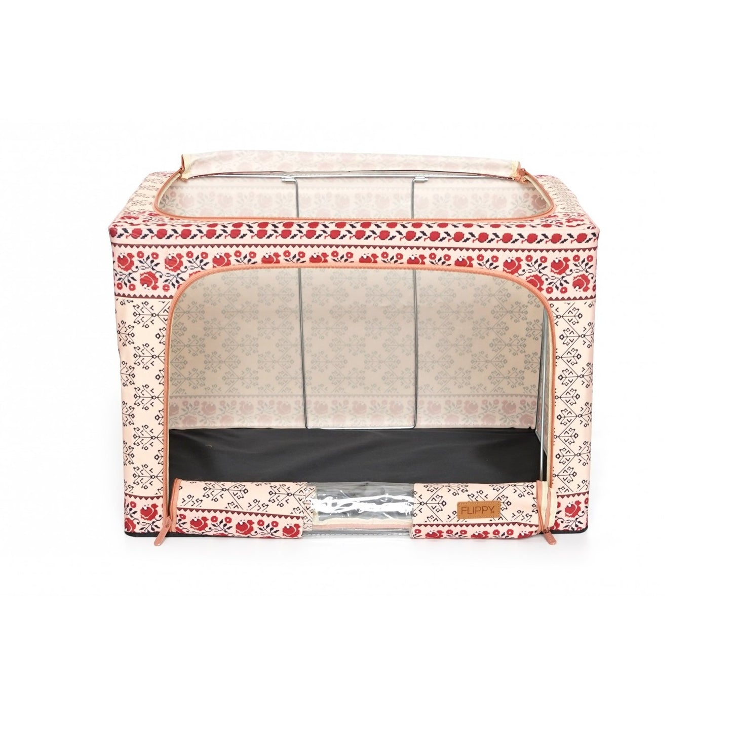 Cutie de Depozitare Pliabila, selexmo, 66 L din Bumbac si In, 52 x 42 x 39 cm, Fereastra Frontala, 2 Usi de Acces cu Fermoar Bidirectional, Cadru Metalic, Suport Baza Stabil din Plastic, Motiv Traditional Model 6