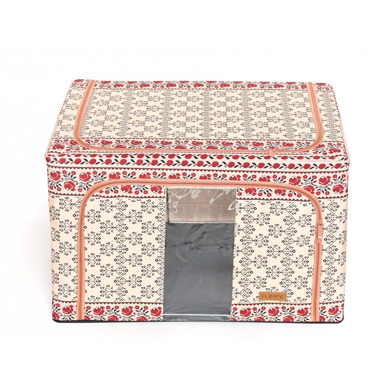 Cutie de Depozitare Pliabila, selexmo, 66 L din Bumbac si In, 52 x 42 x 39 cm, Fereastra Frontala, 2 Usi de Acces cu Fermoar Bidirectional, Cadru Metalic, Suport Baza Stabil din Plastic, Motiv Traditional Model 6