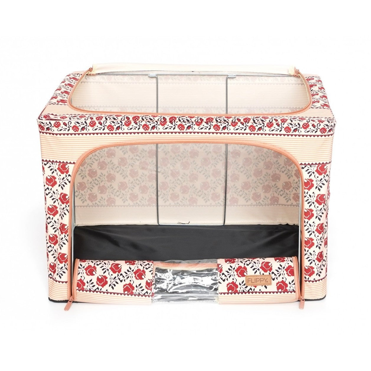 Cutie de Depozitare Pliabila, selexmo, 66 L din Bumbac si In, 52 x 42 x 39 cm, Fereastra Frontala, 2 Usi de Acces cu Fermoar Bidirectional, Cadru Metalic, Suport Baza Stabil din Plastic, Motiv Traditional Model 7