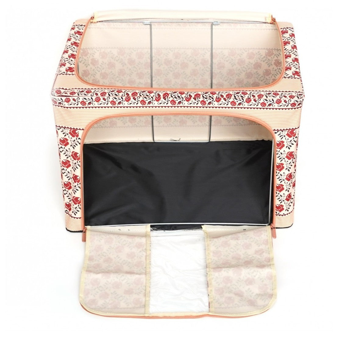 Cutie de Depozitare Pliabila, selexmo, 66 L din Bumbac si In, 52 x 42 x 39 cm, Fereastra Frontala, 2 Usi de Acces cu Fermoar Bidirectional, Cadru Metalic, Suport Baza Stabil din Plastic, Motiv Traditional Model 7