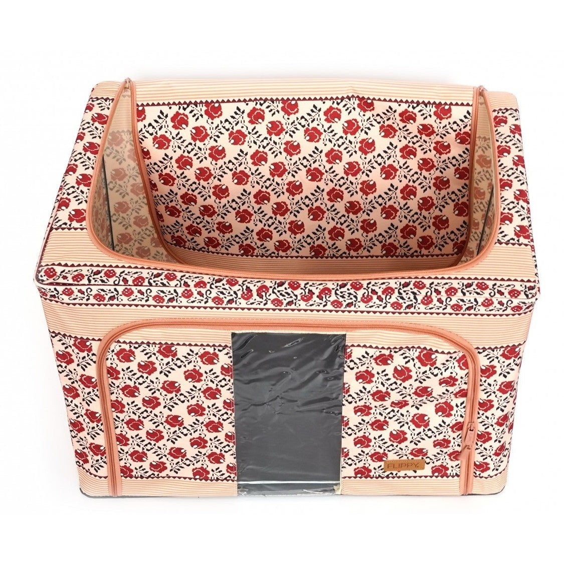Cutie de Depozitare Pliabila, selexmo, 66 L din Bumbac si In, 52 x 42 x 39 cm, Fereastra Frontala, 2 Usi de Acces cu Fermoar Bidirectional, Cadru Metalic, Suport Baza Stabil din Plastic, Motiv Traditional Model 7